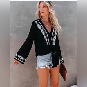 Love stitch White and black embroidered top size s